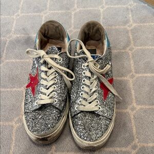 Golden Goose Kids Silver Glitter Sneakers with Red Star Accent